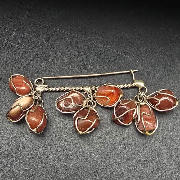 Red Agate Gemstone Brooch Wire Wrapped Silver Tone - Picture 6 of 6
